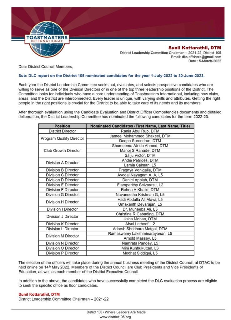 Nominations District 105